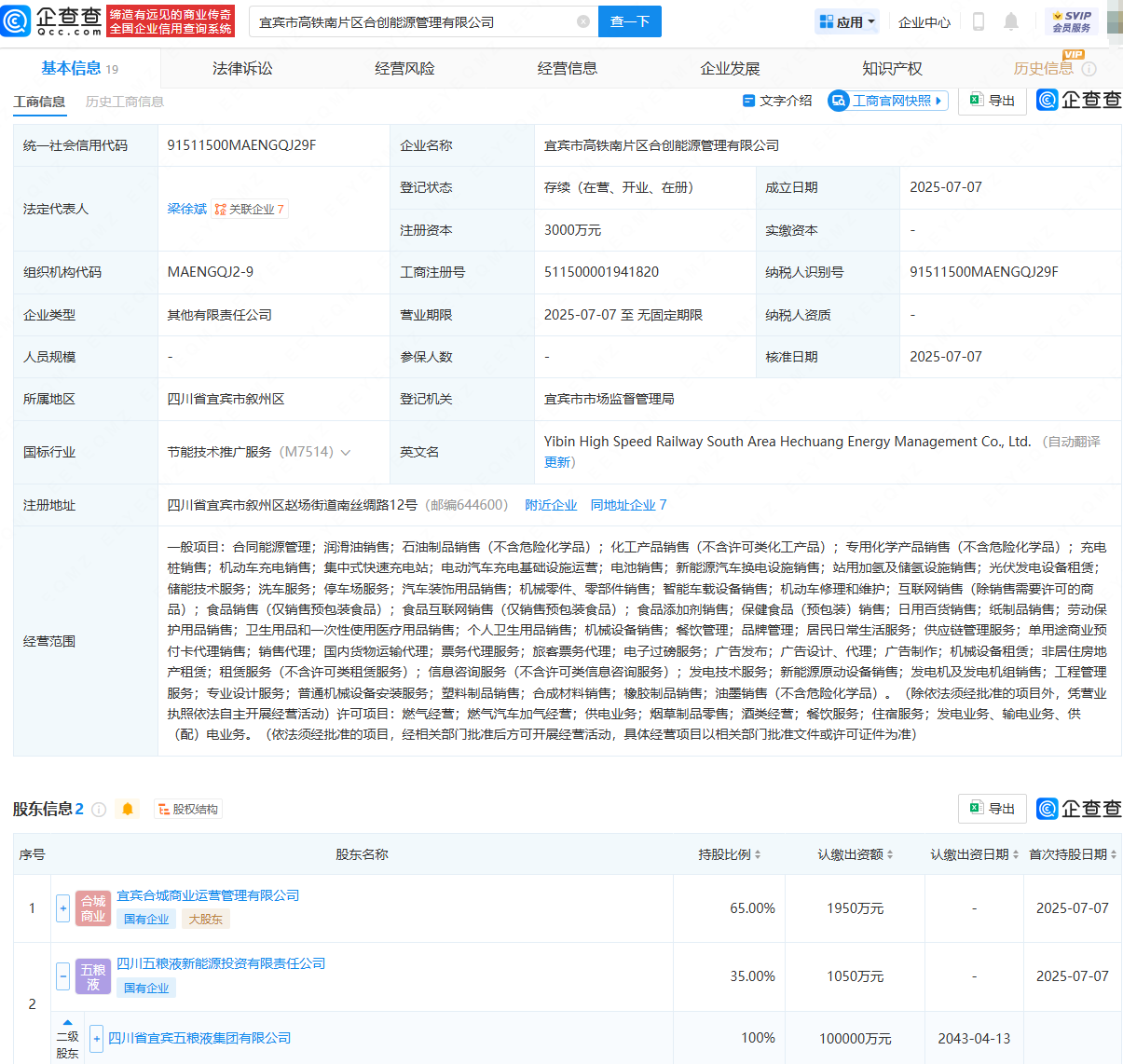 五粮液集团等新设能源管理公司，含电池销售业务