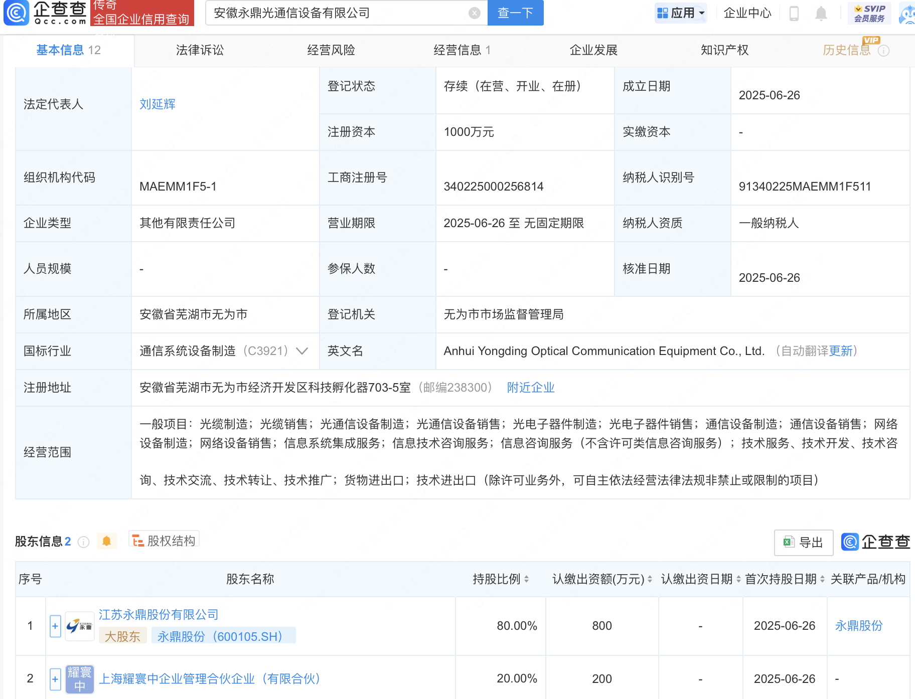 永鼎股份等成立光通信设备公司