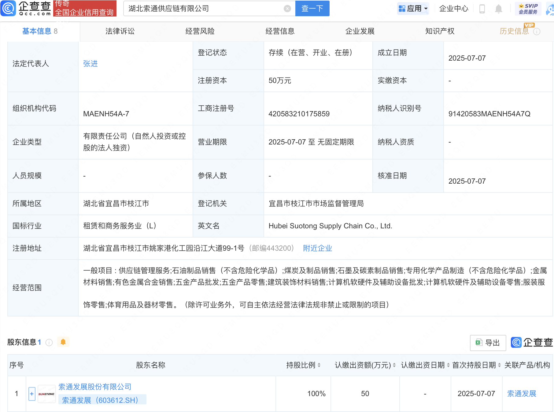 索通发展在湖北新设供应链公司