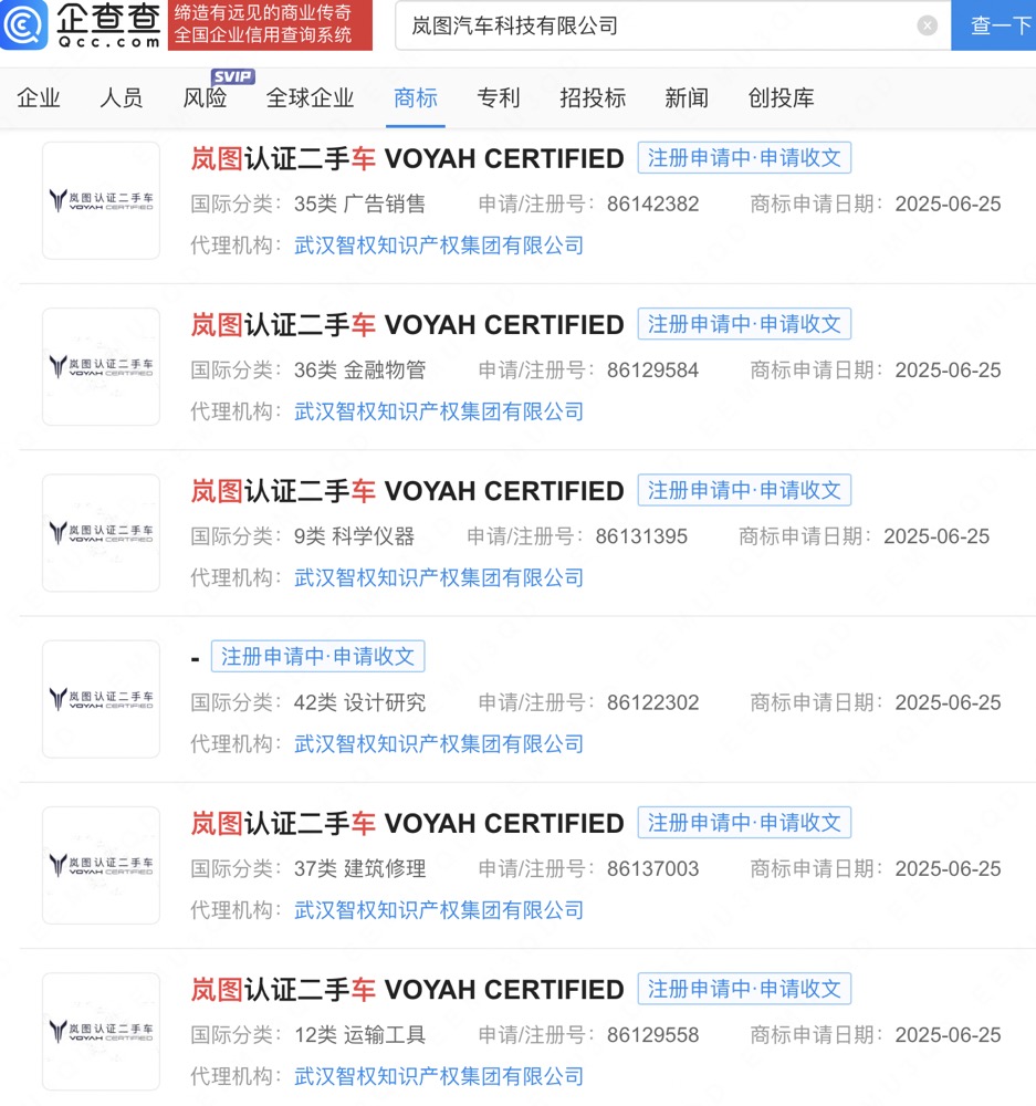岚图汽车注册二手车商标