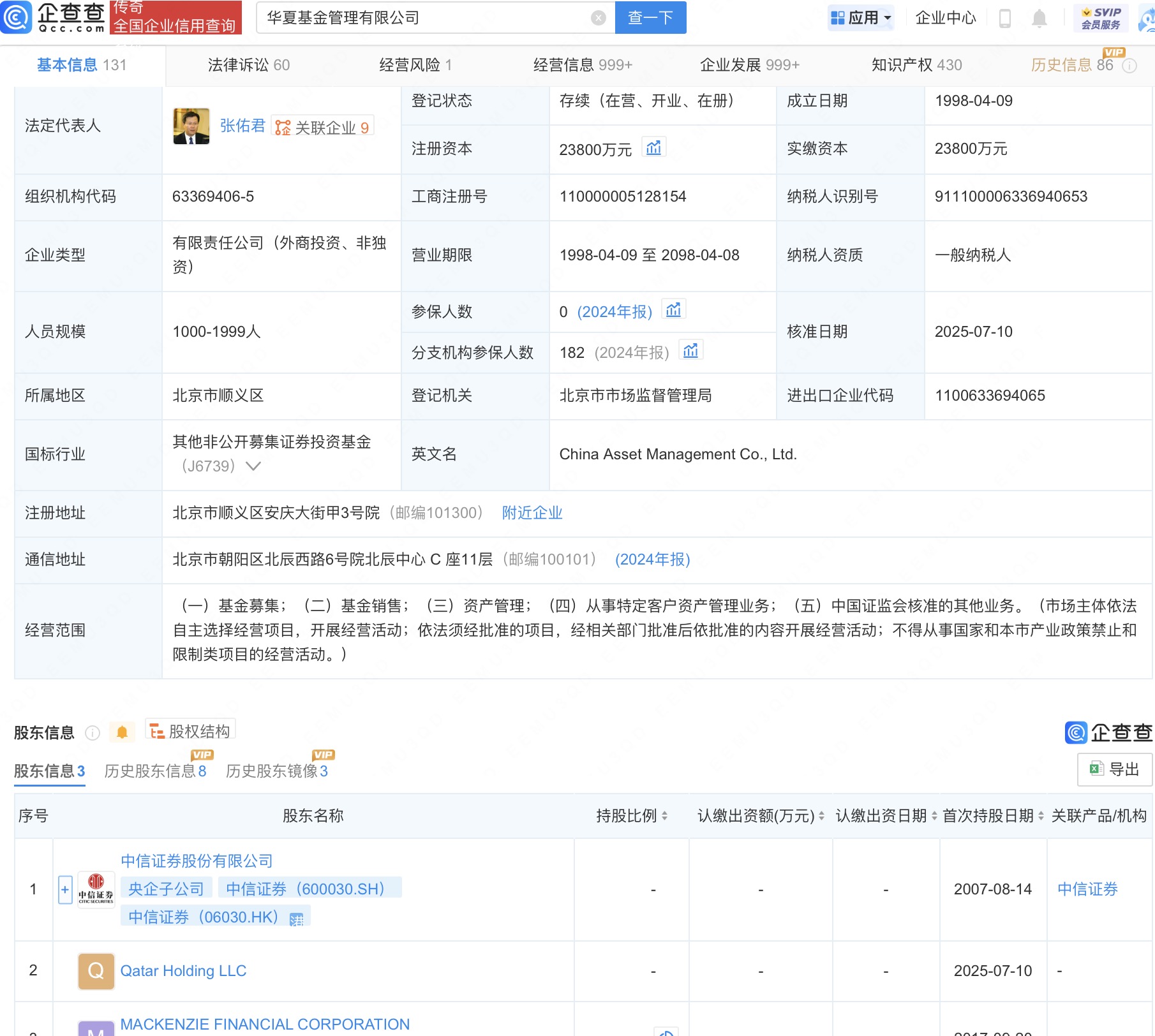 华夏基金管理新增卡塔尔控股公司为股东