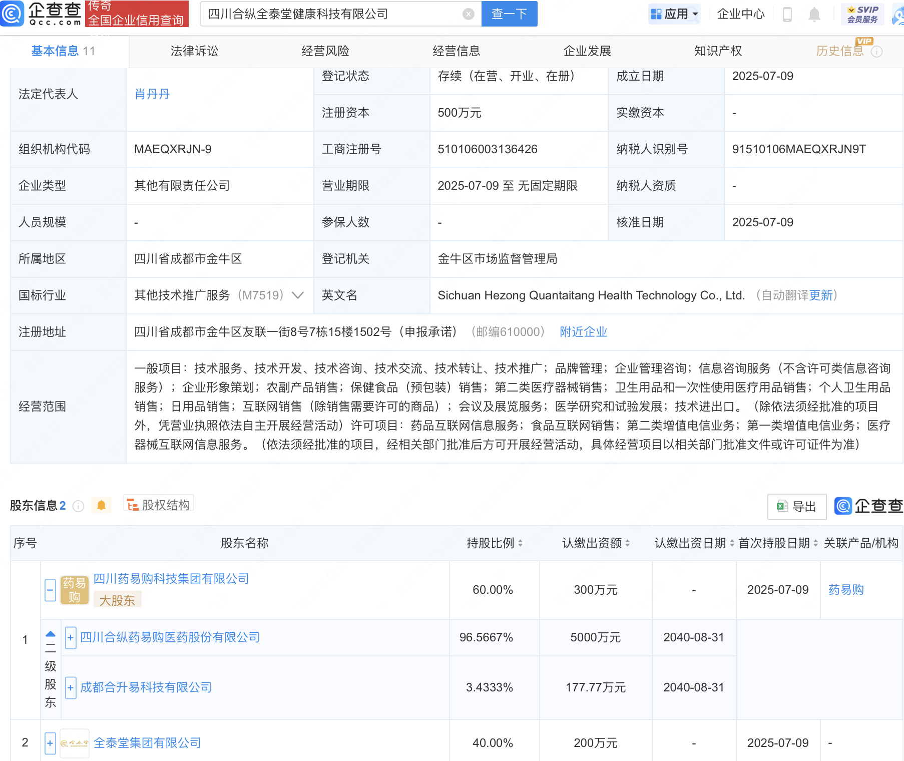 药易购等投资成立健康科技新公司
