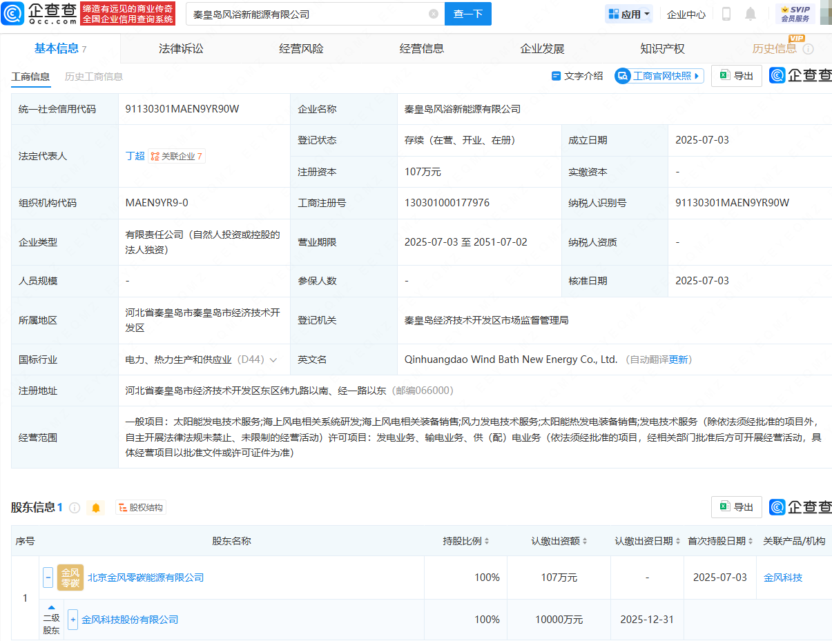 金风科技在秦皇岛成立新公司，含海上风电相关业务