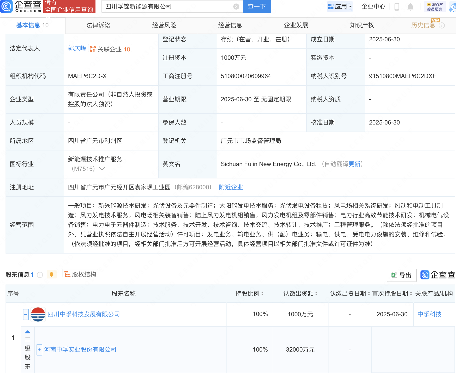 中孚实业成立新公司，业务含风电场相关系统研发