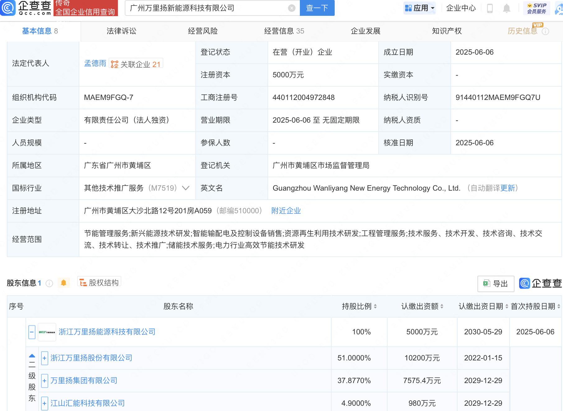 万里扬等在广东投资成立新能源科技公司
