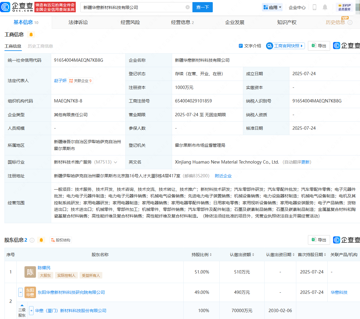 华懋科技等在新疆投资成立新材料科技公司