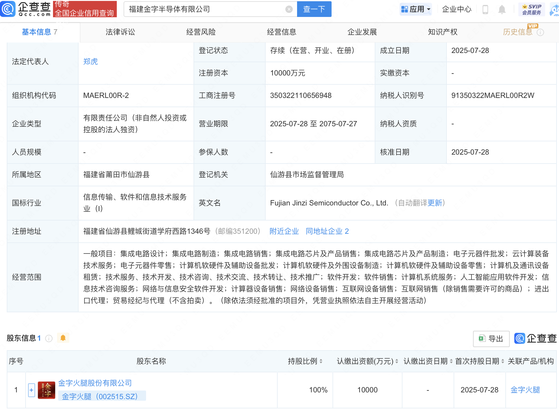 金字火腿在福建成立半导体公司