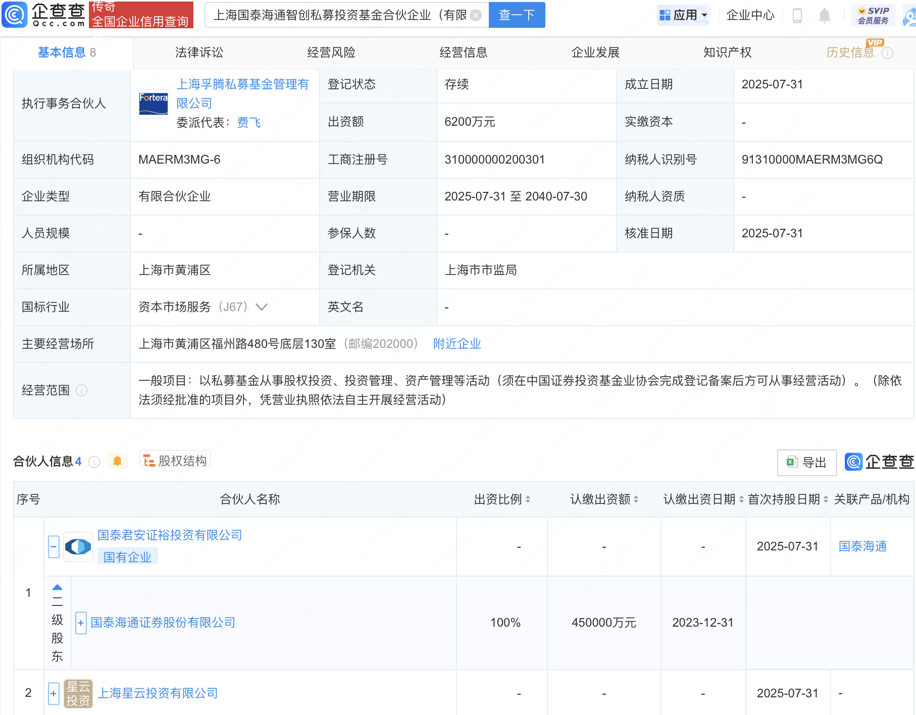 国泰海通等新设私募投资基金合伙企业
