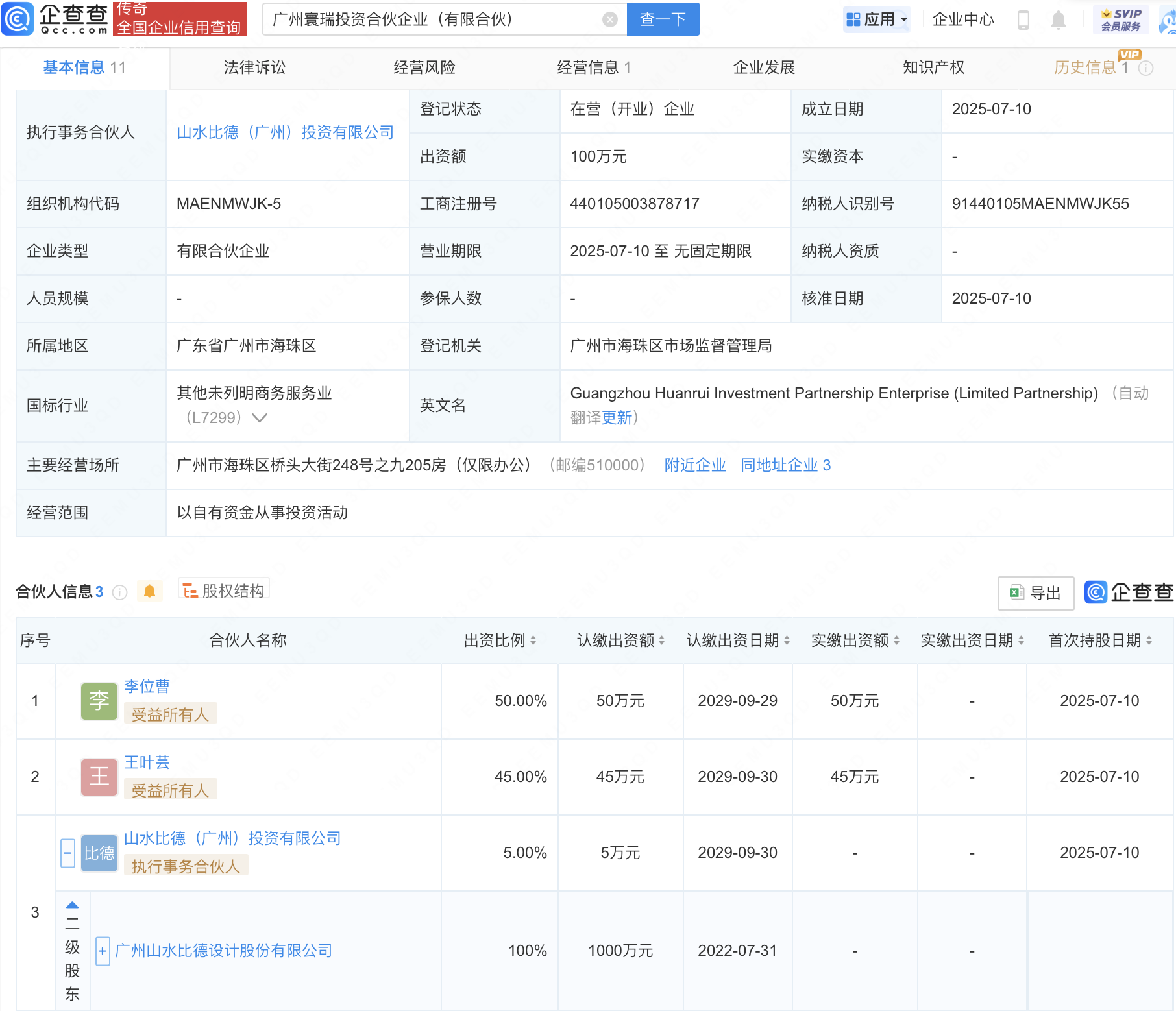 山水比德等在广州新设寰瑞投资合伙企业