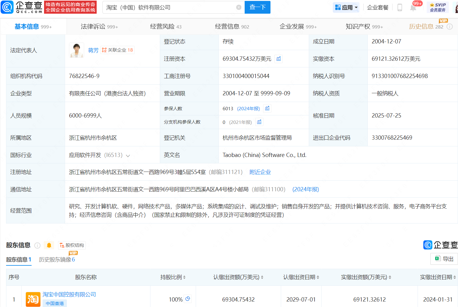 蒋芳在淘宝及天猫职位发生变更，由执行董事改任董事