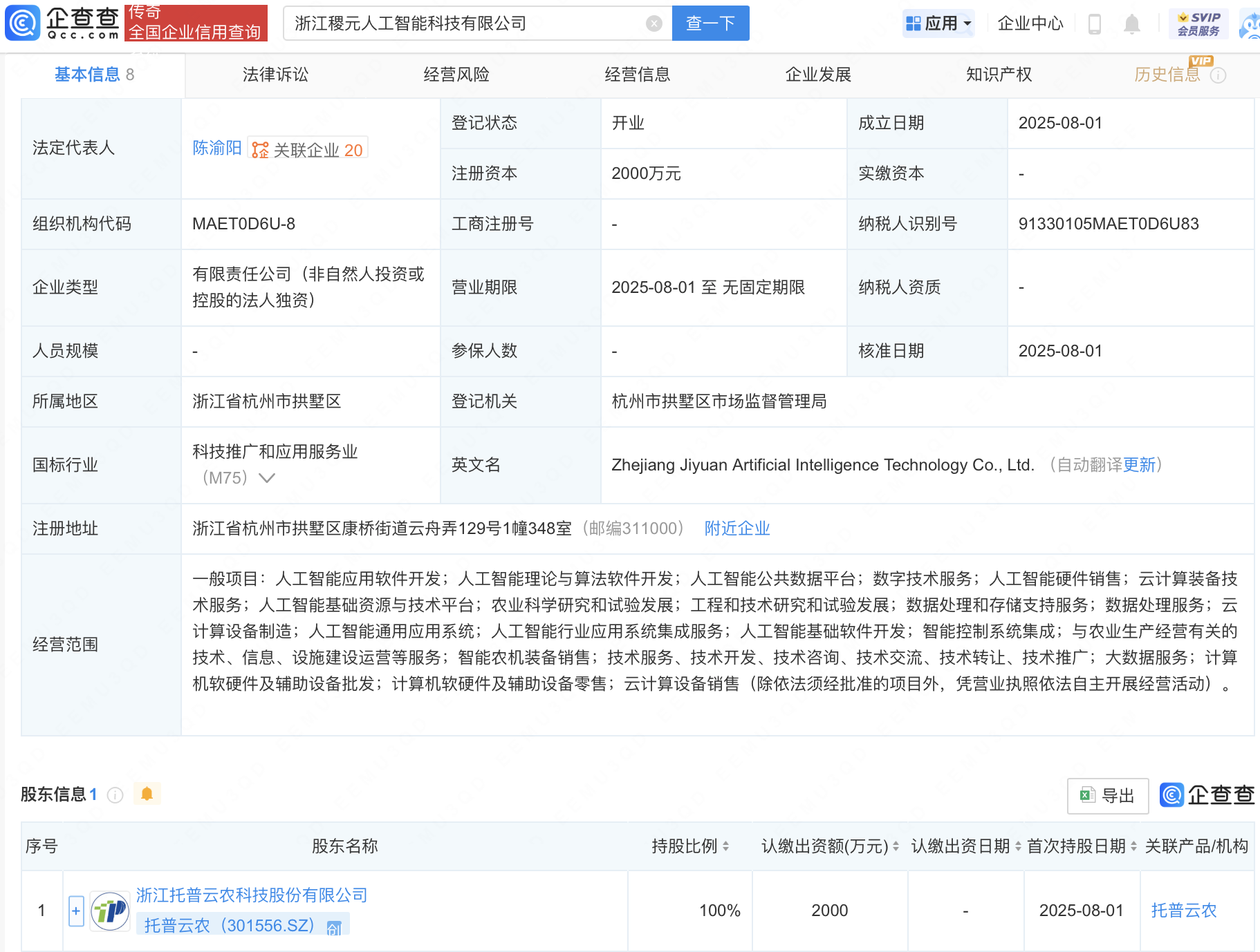 托普云农成立稷元人工智能科技公司