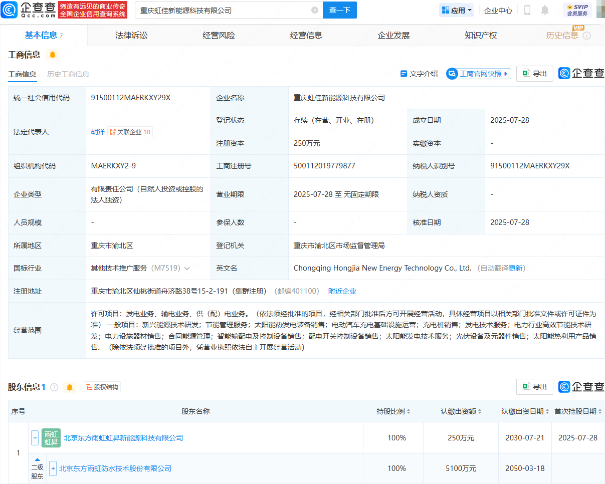 东方雨虹在重庆成立新能源科技公司，含充电桩销售业务