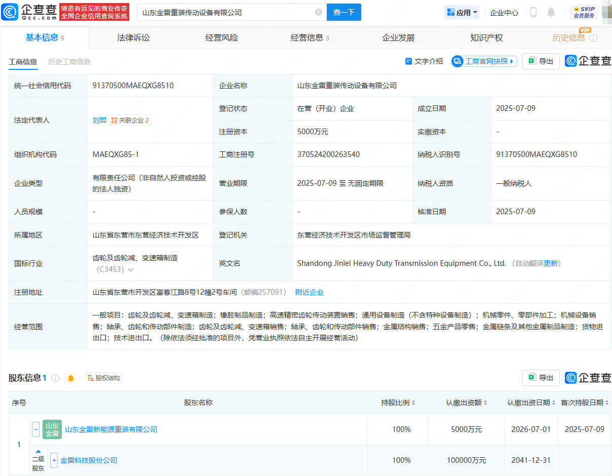 金雷股份投资成立重装传动设备公司