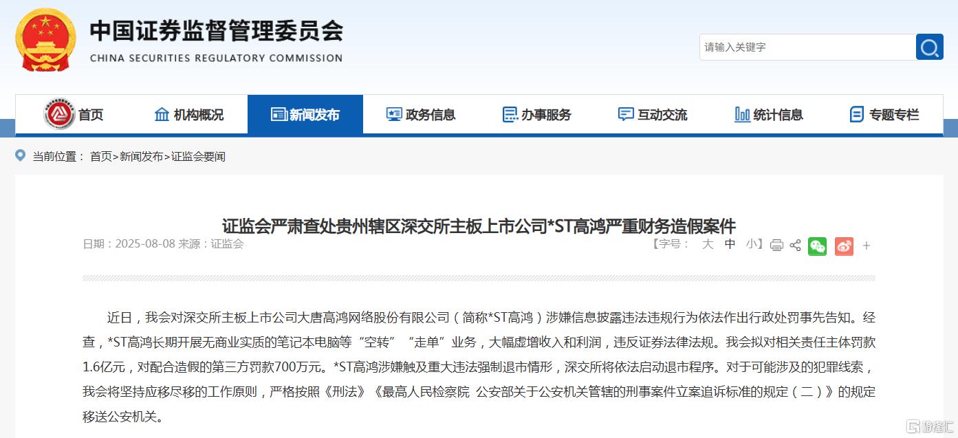 连续九年财务造假！*ST高鸿收1.6亿罚单