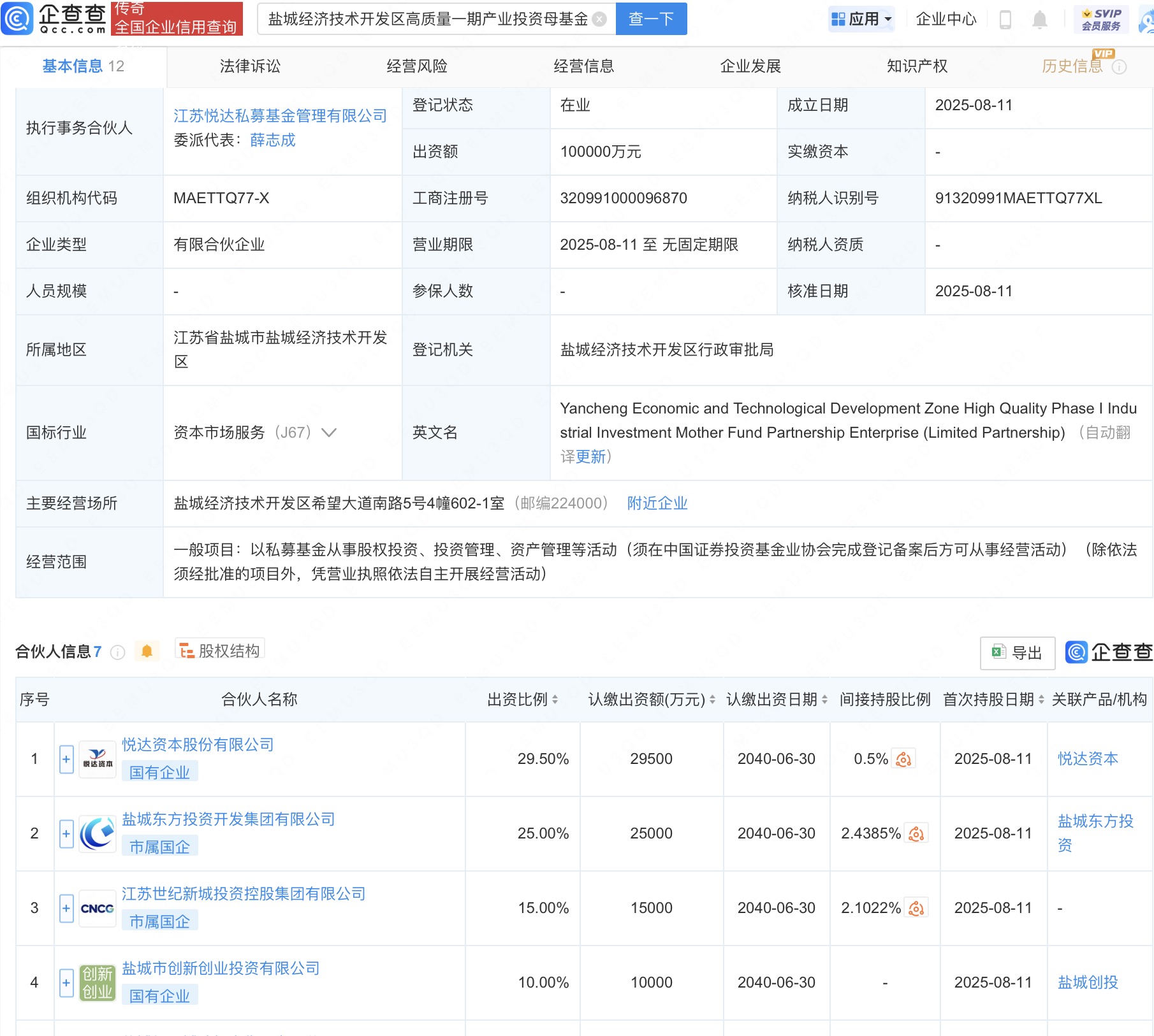 盐城经开区高质量一期产投母基金成立，出资额10亿元