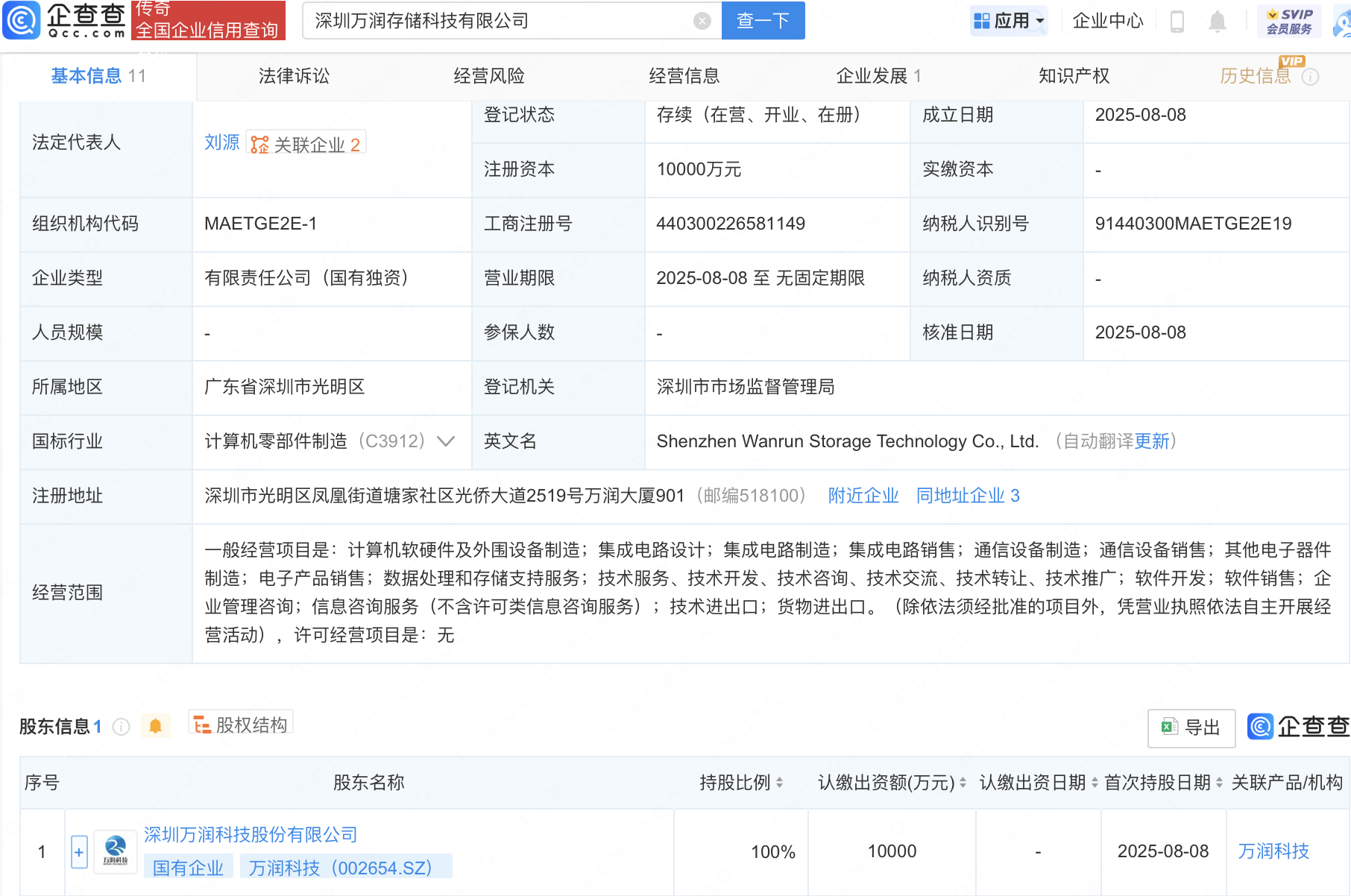 万润科技新设存储科技公司，注册资本1亿元