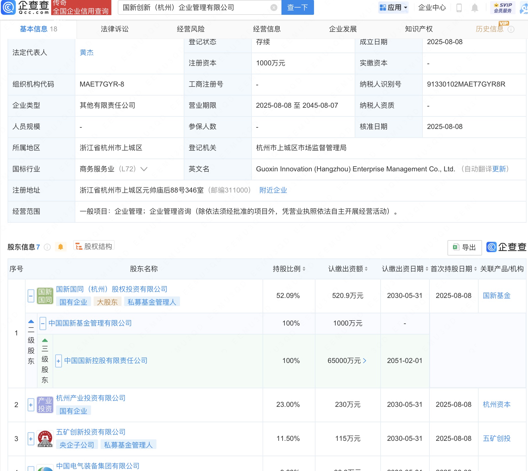 国新创新杭州企管公司注册成立