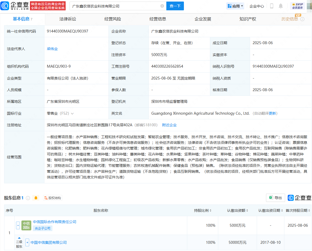 中信集团在广东成立农业科技公司，注册资本5000万