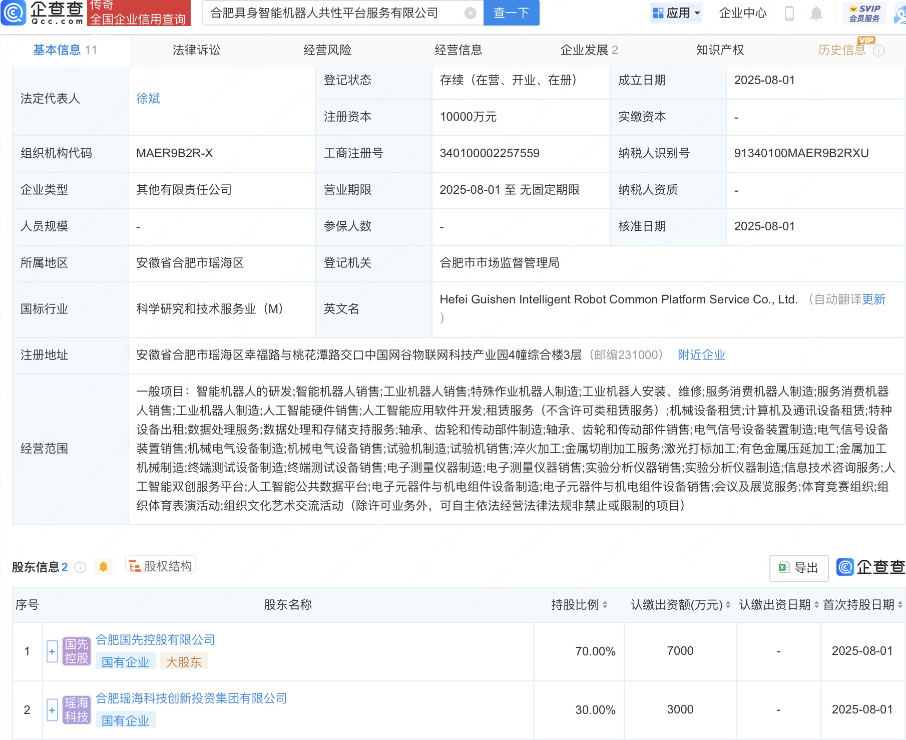 合肥具身智能机器人共性平台服务公司注册成立