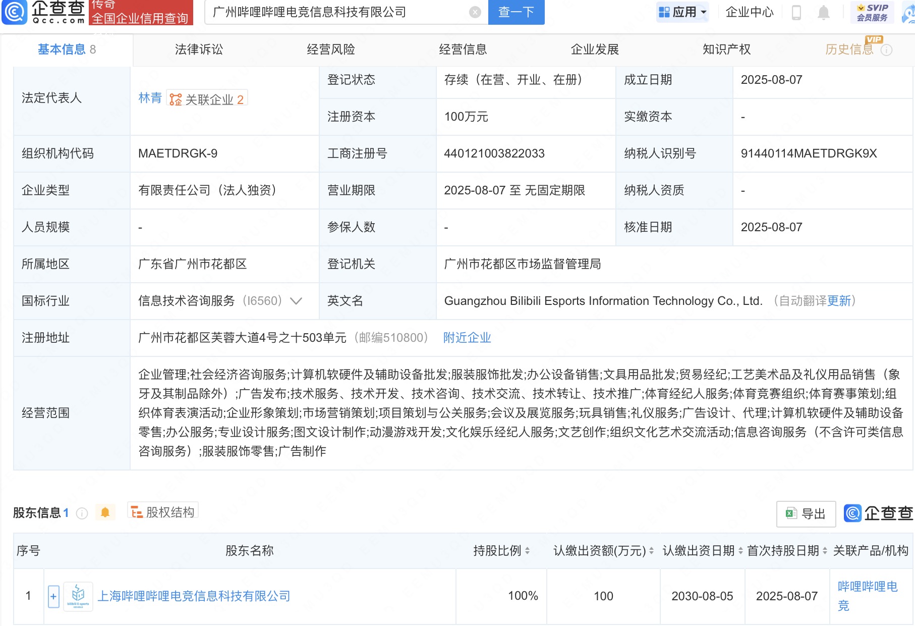 哔哩哔哩电竞成立新公司，含动漫游戏开发业务