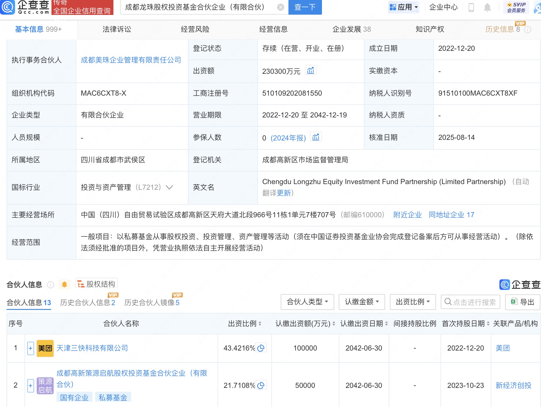 腾讯等入股美团旗下成都龙珠股权投资基金