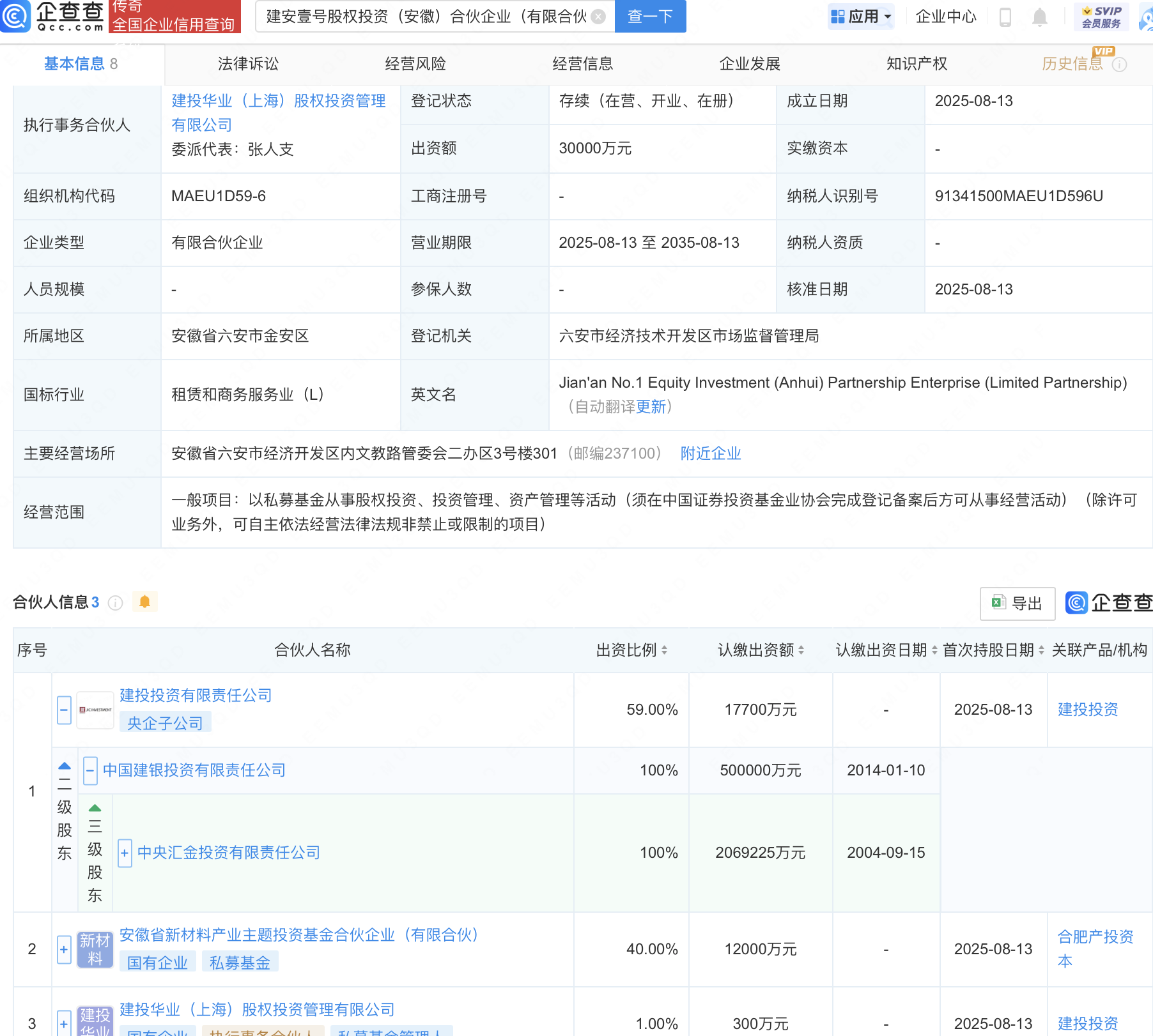 中央汇金等成立建安壹号股权投资合伙企业