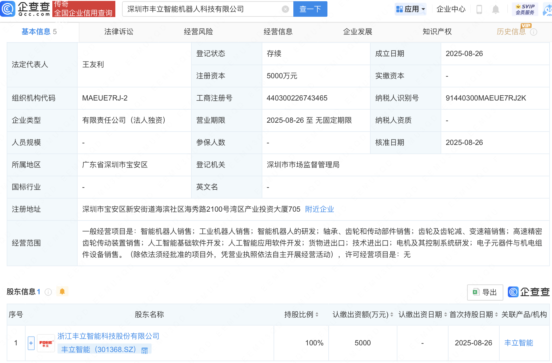 丰立智能成立机器人科技公司，含多项AI业务
