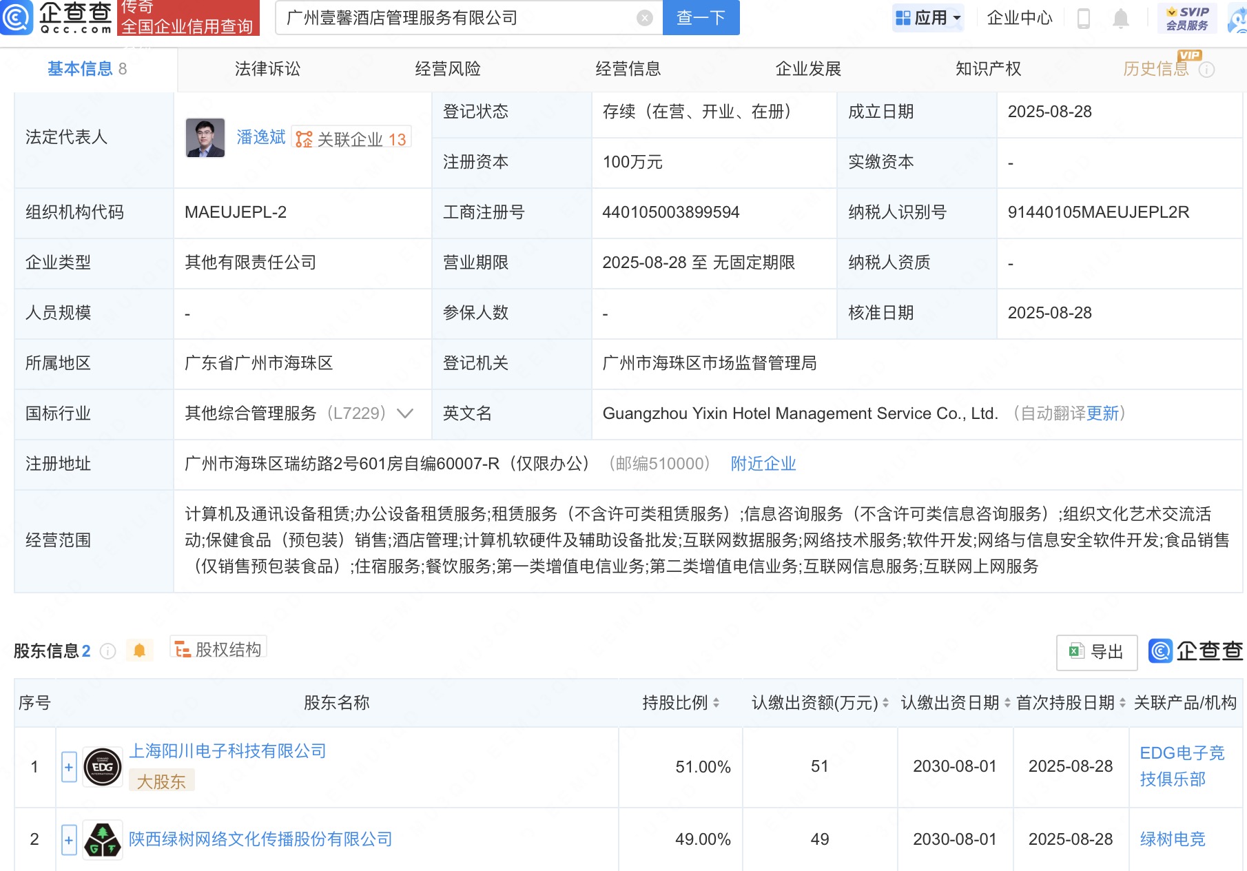 EDG等在广州新设酒店管理服务公司
