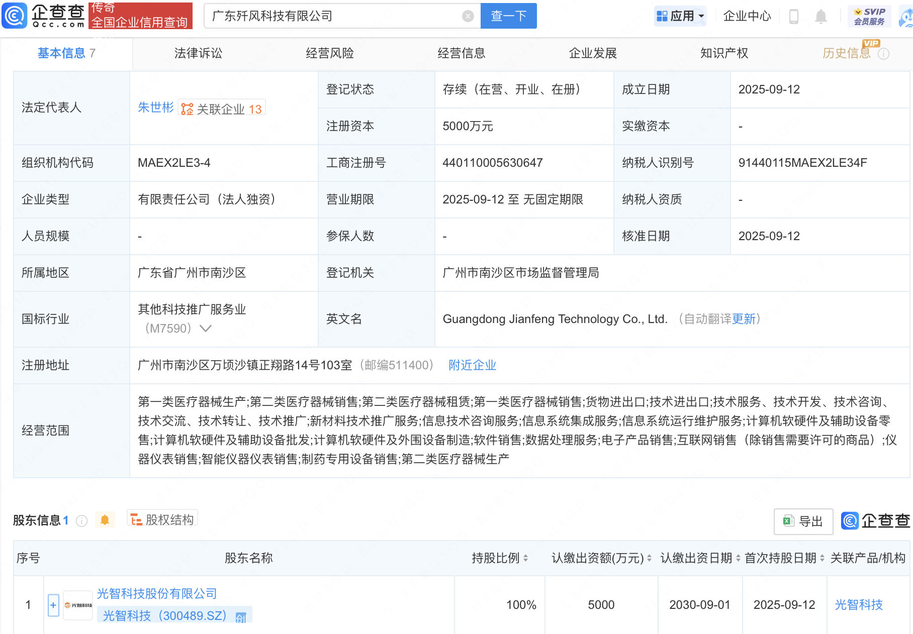 光智科技成立新公司，含医疗器械相关业务