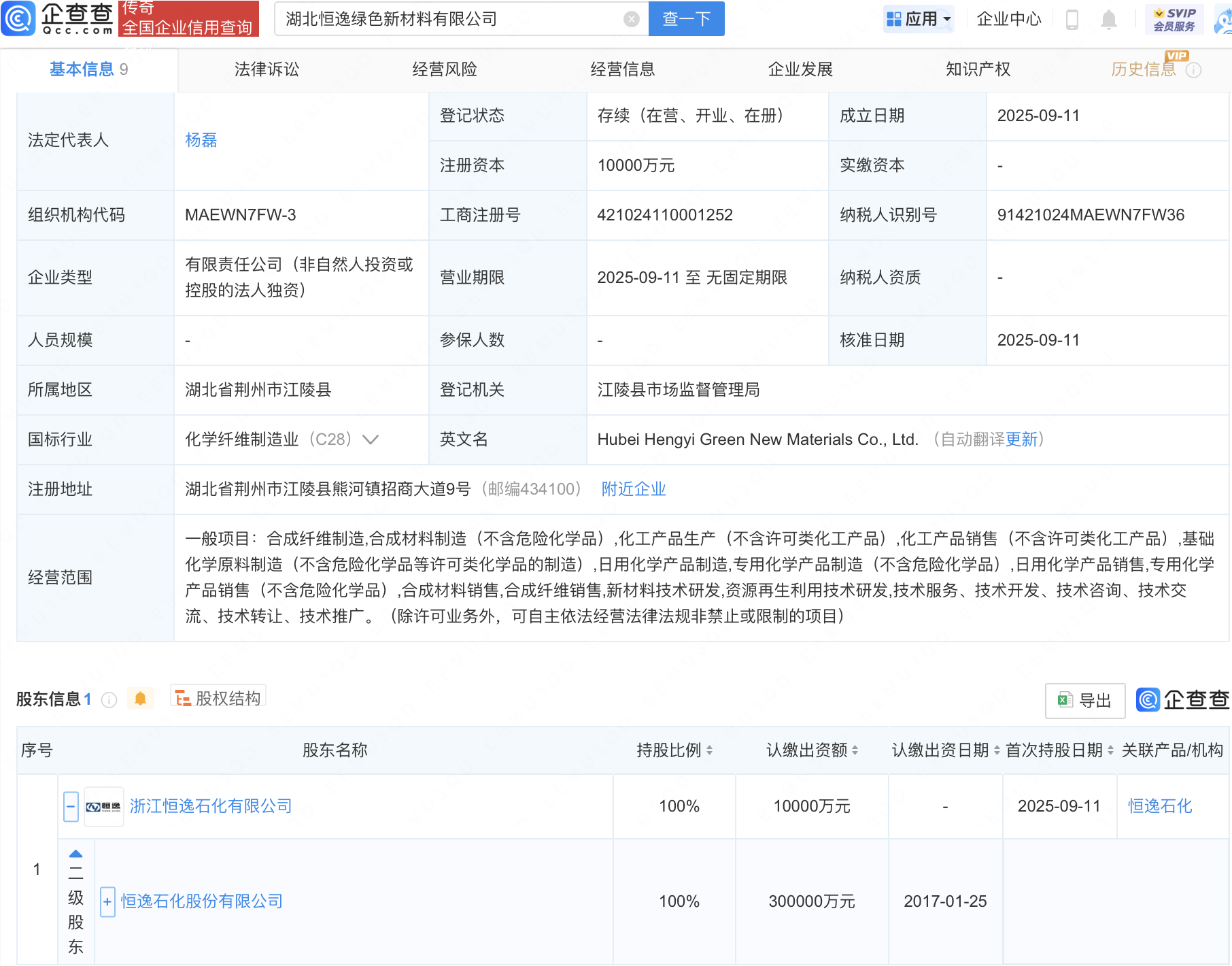 恒逸石化在湖北成立绿色新材料公司