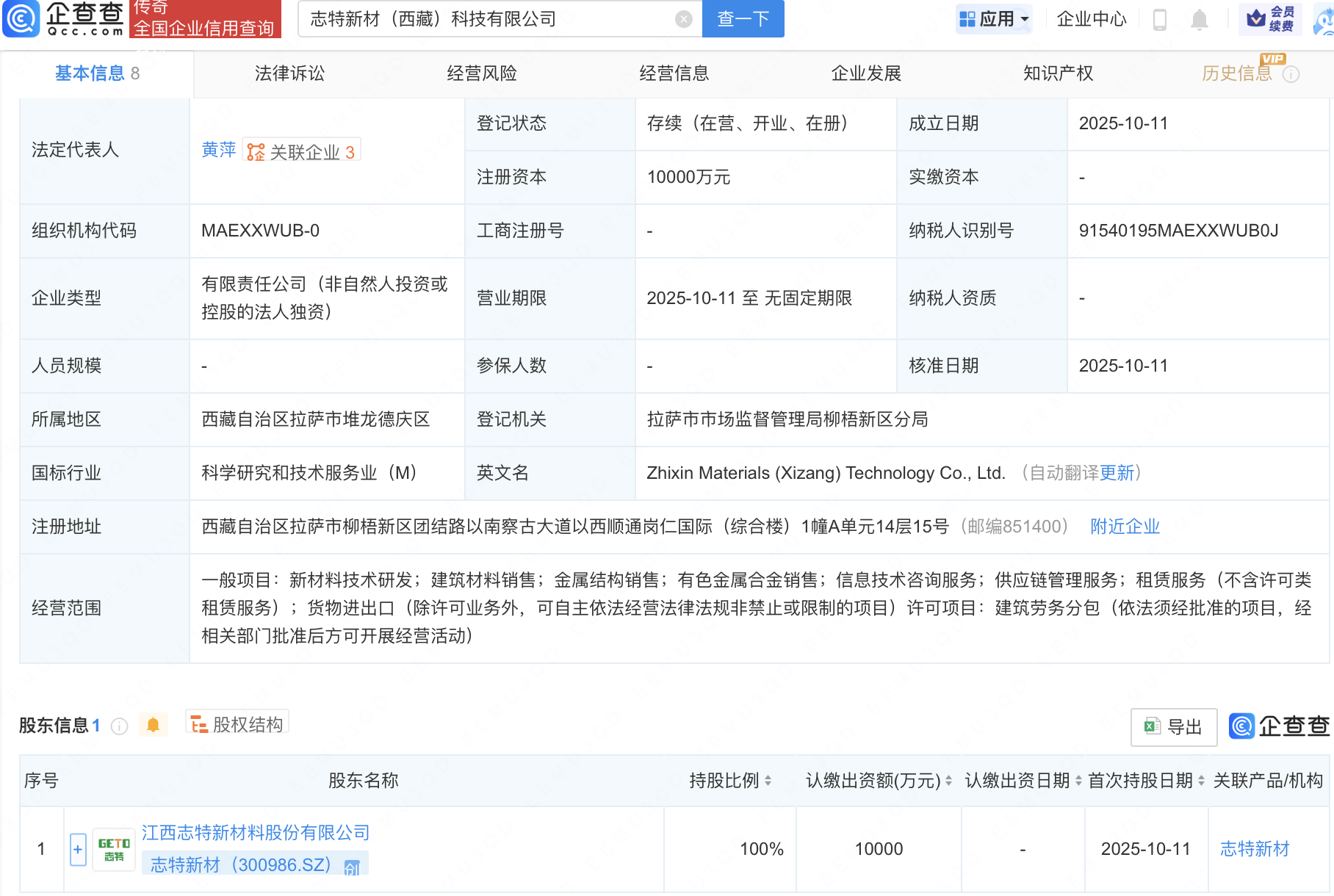 志特新材在西藏新设科技公司，注册资本1亿元