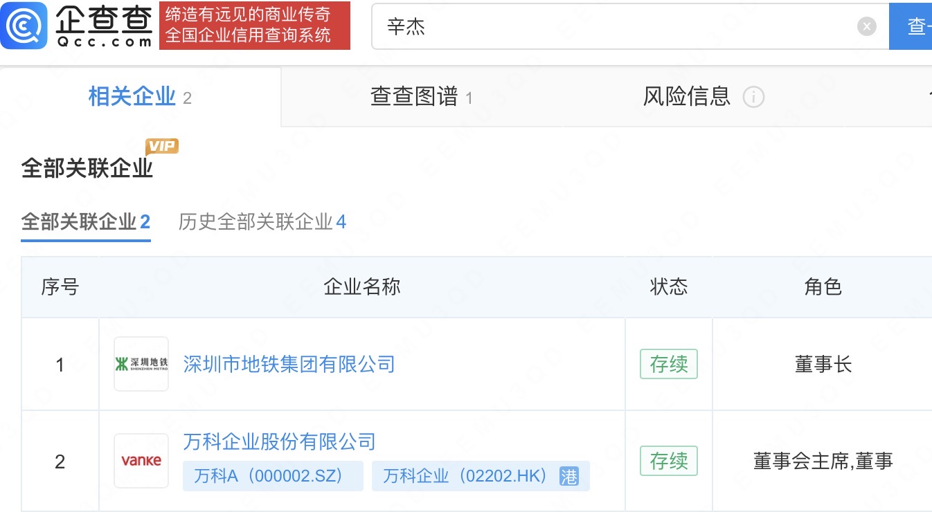 黄力平任万科董事长，其与辛杰均为深圳地铁集团高管