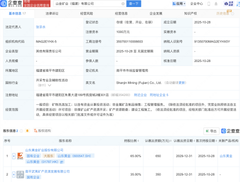 山东黄金等在福建成立矿业新公司