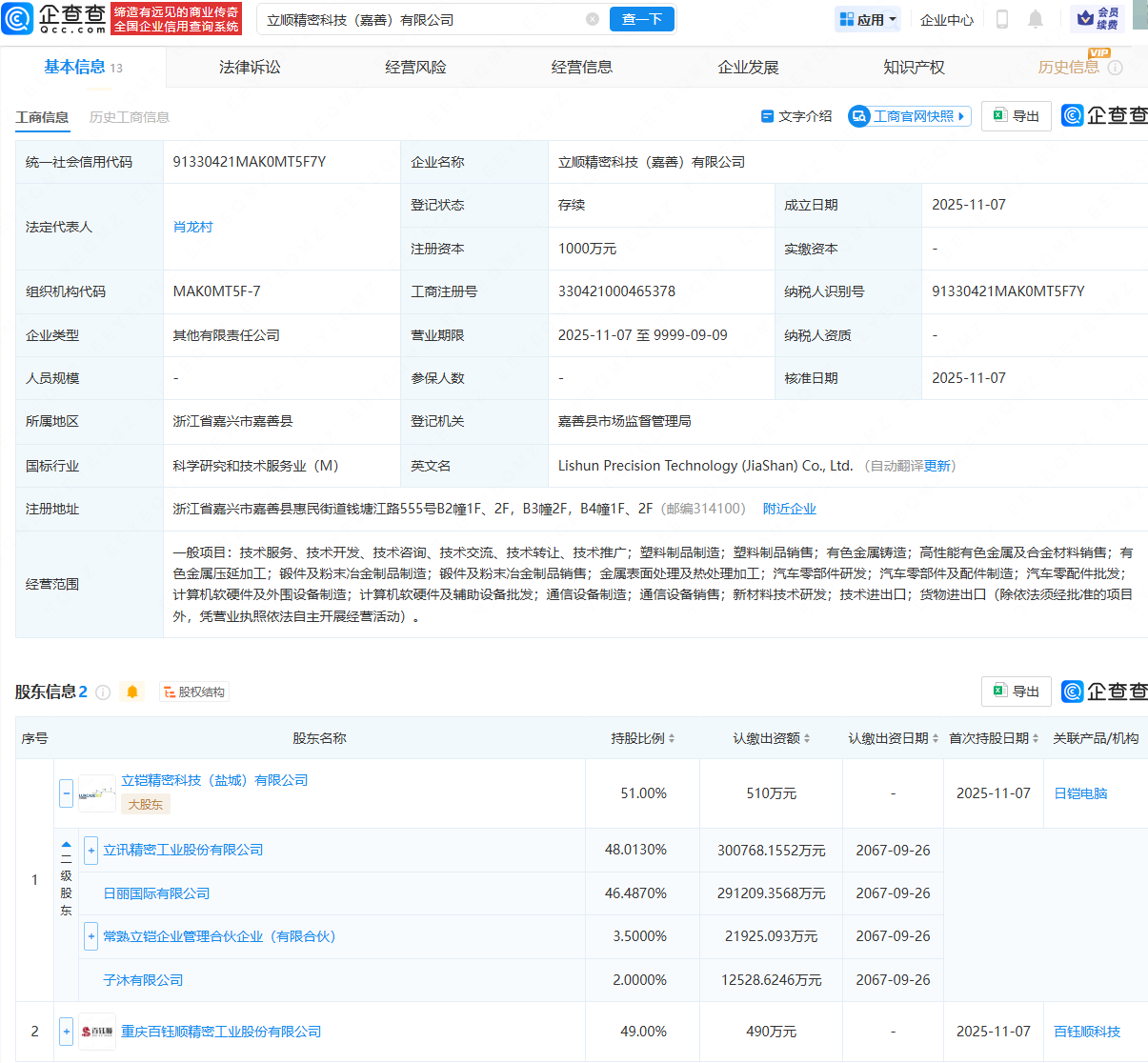 立讯精密持股公司等成立科技公司，含汽车零部件研发业务