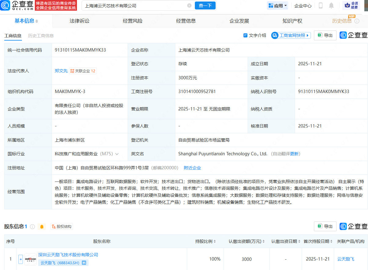 云天励飞成立新公司,含集成电路设计业务