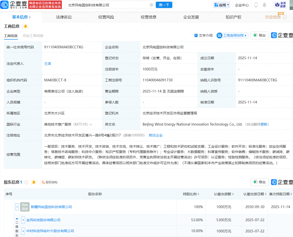 金风科技在北京成立风电国创科技公司，含碳减排业务