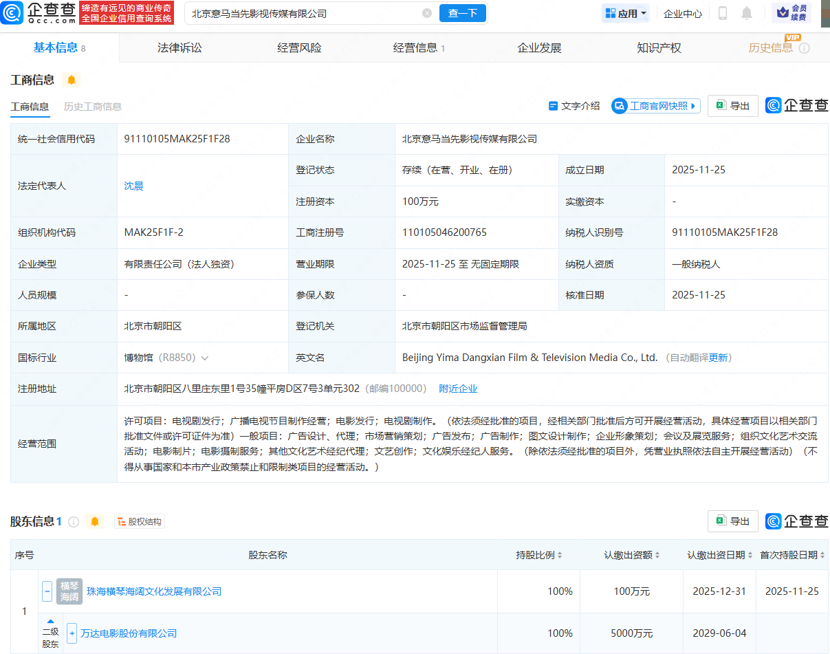 万达电影成立意马当先影视传媒公司