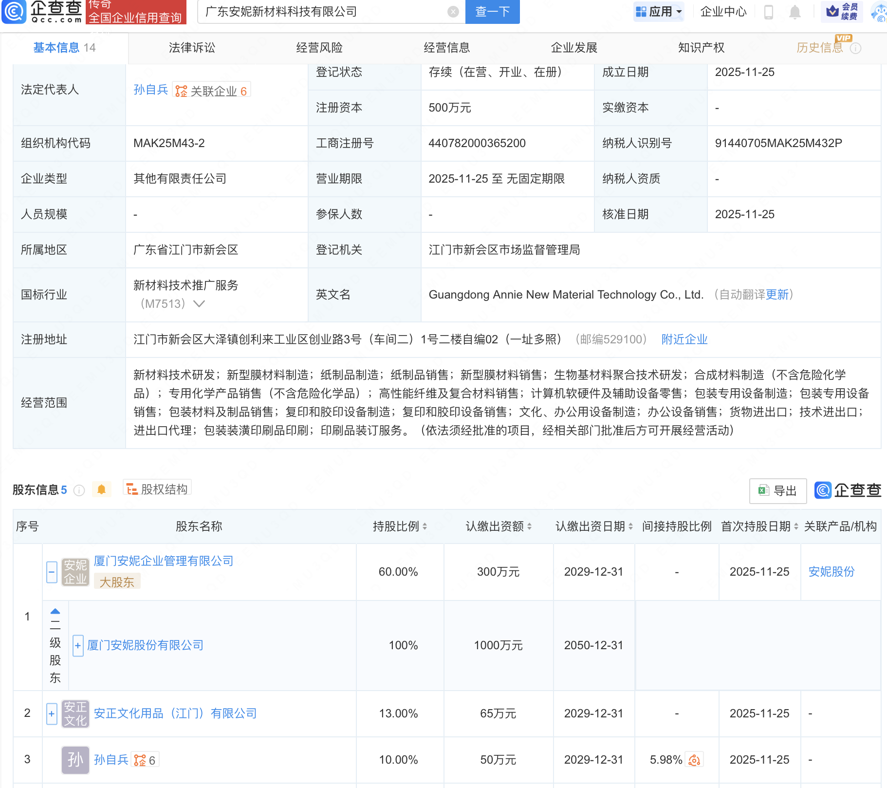 安妮股份等成立新公司,含生物基材料相关业务