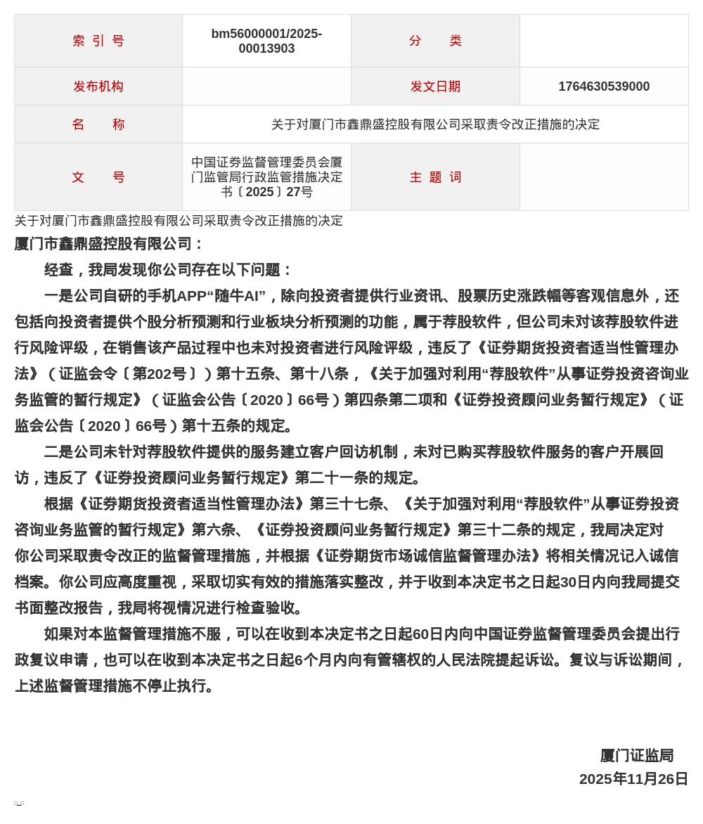 厦门市鑫鼎盛控股被责令改正,涉未对荐股软件进行风险评级等