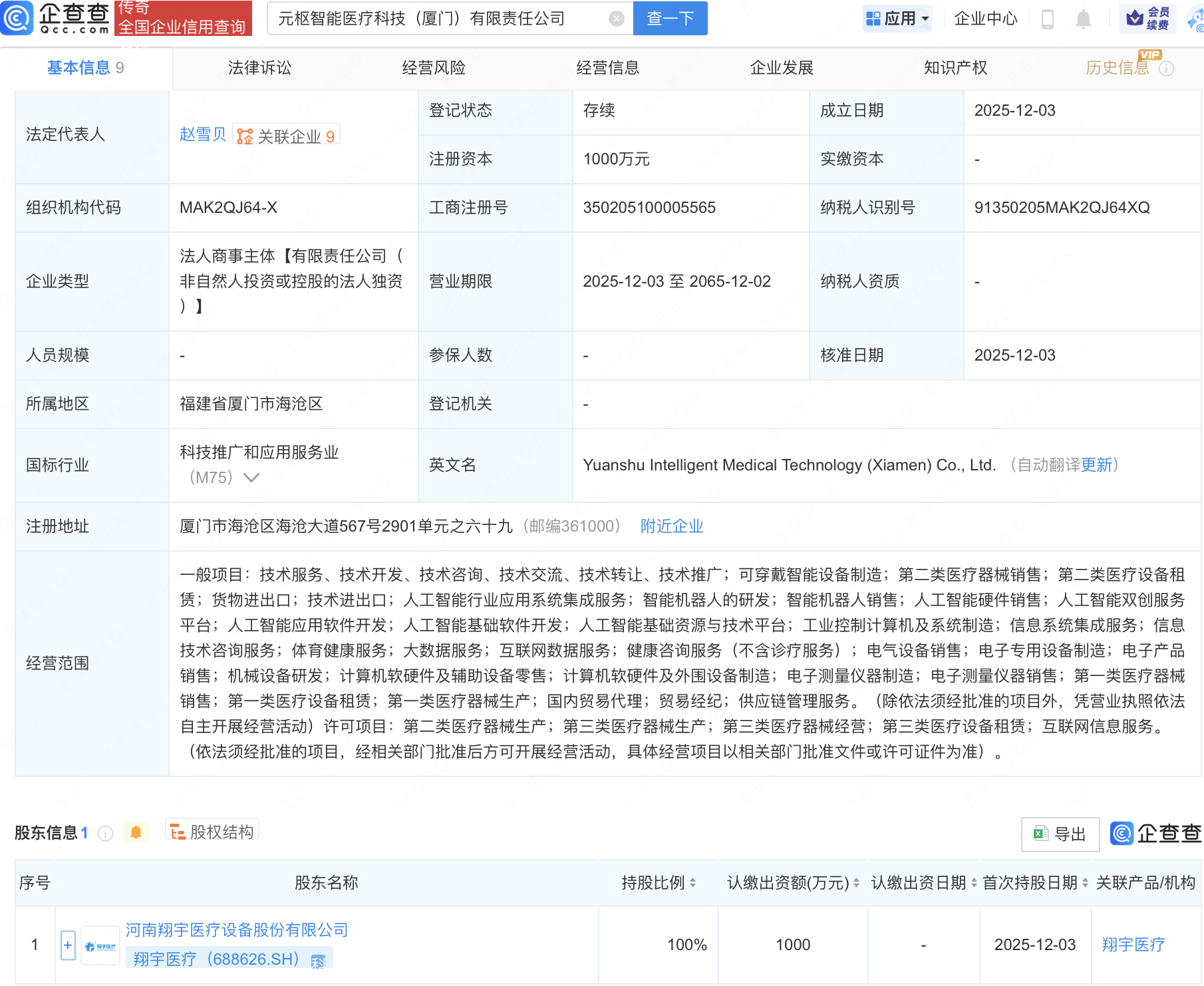 翔宇医疗成立智能医疗科技公司,含AI及机器人业务