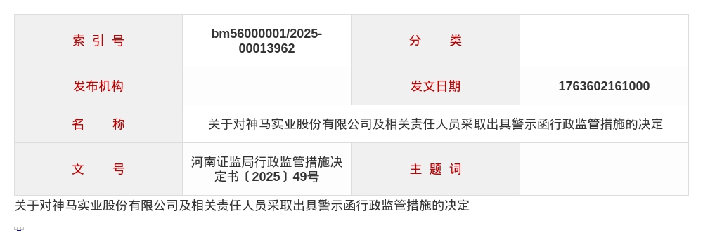 神马实业被出具警示函,涉信息披露不及时等