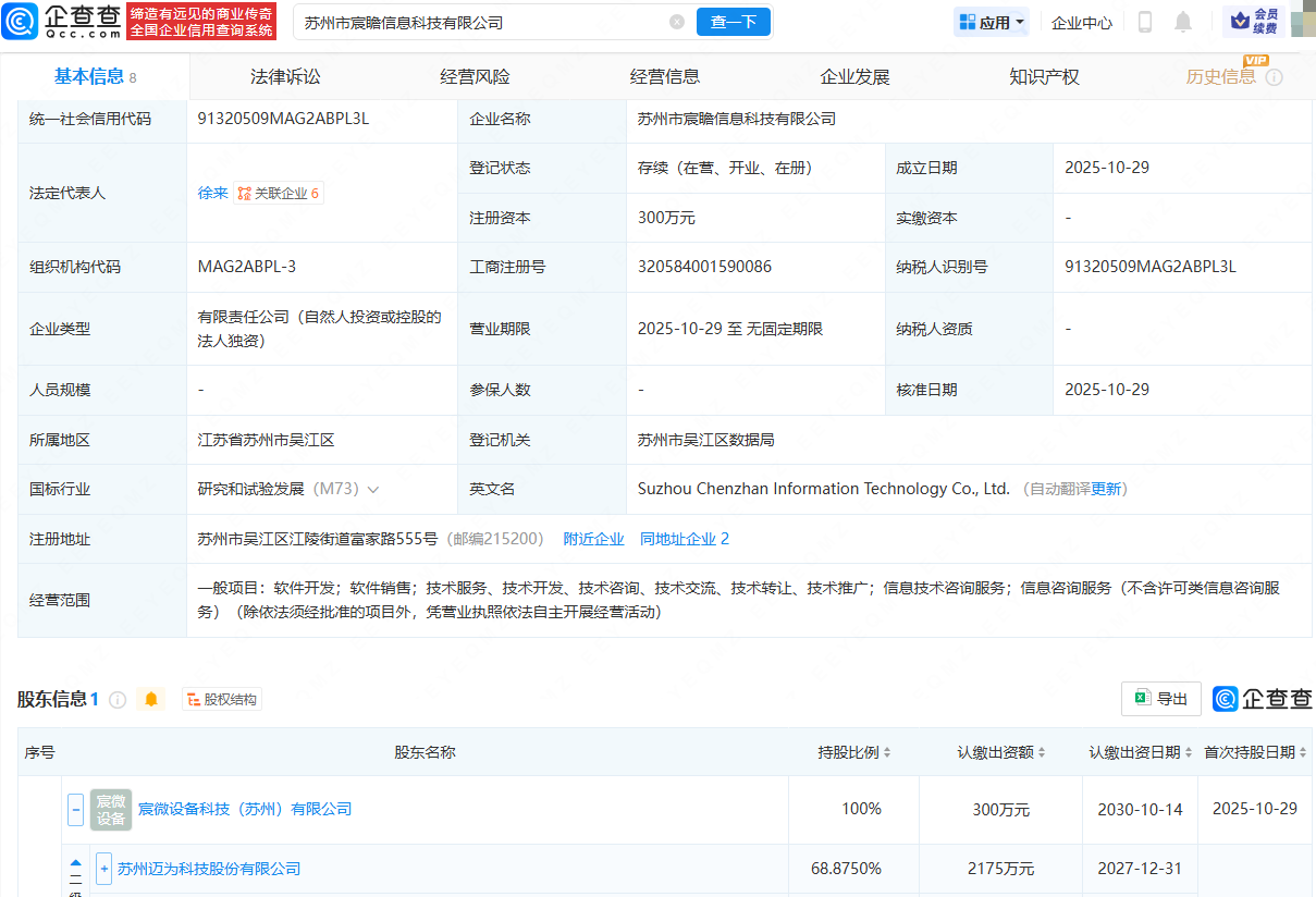 迈为股份投资成立信息科技公司