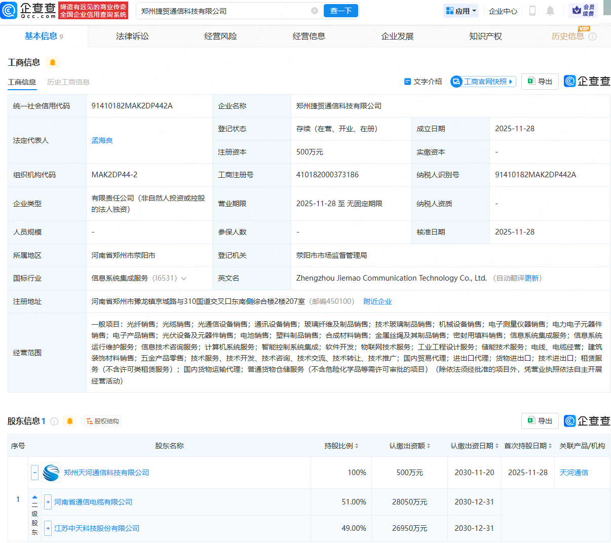 中天科技持股公司成立通信科技公司，含光纤销售业务