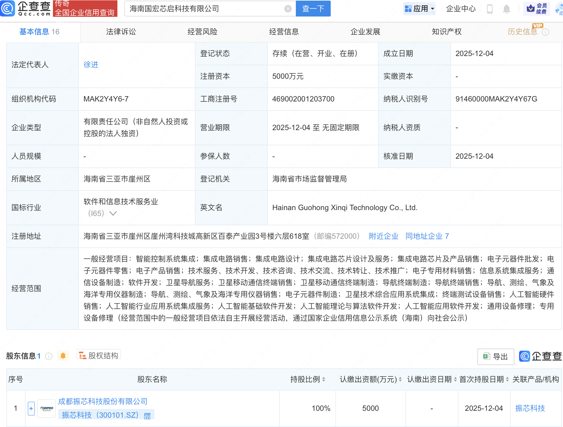振芯科技新设子公司，含AI及集成电路业务