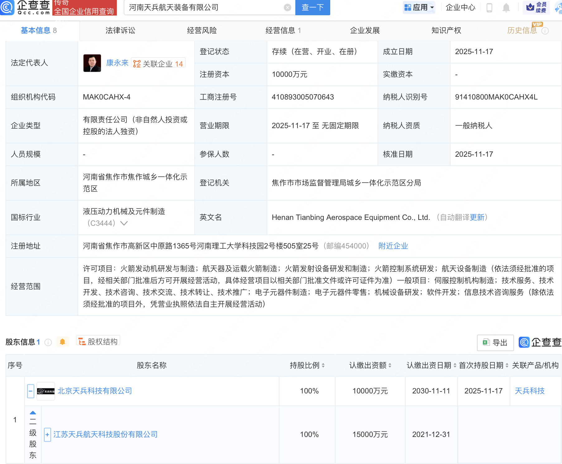 天兵科技在河南成立航天装备公司，含多项火箭相关业务