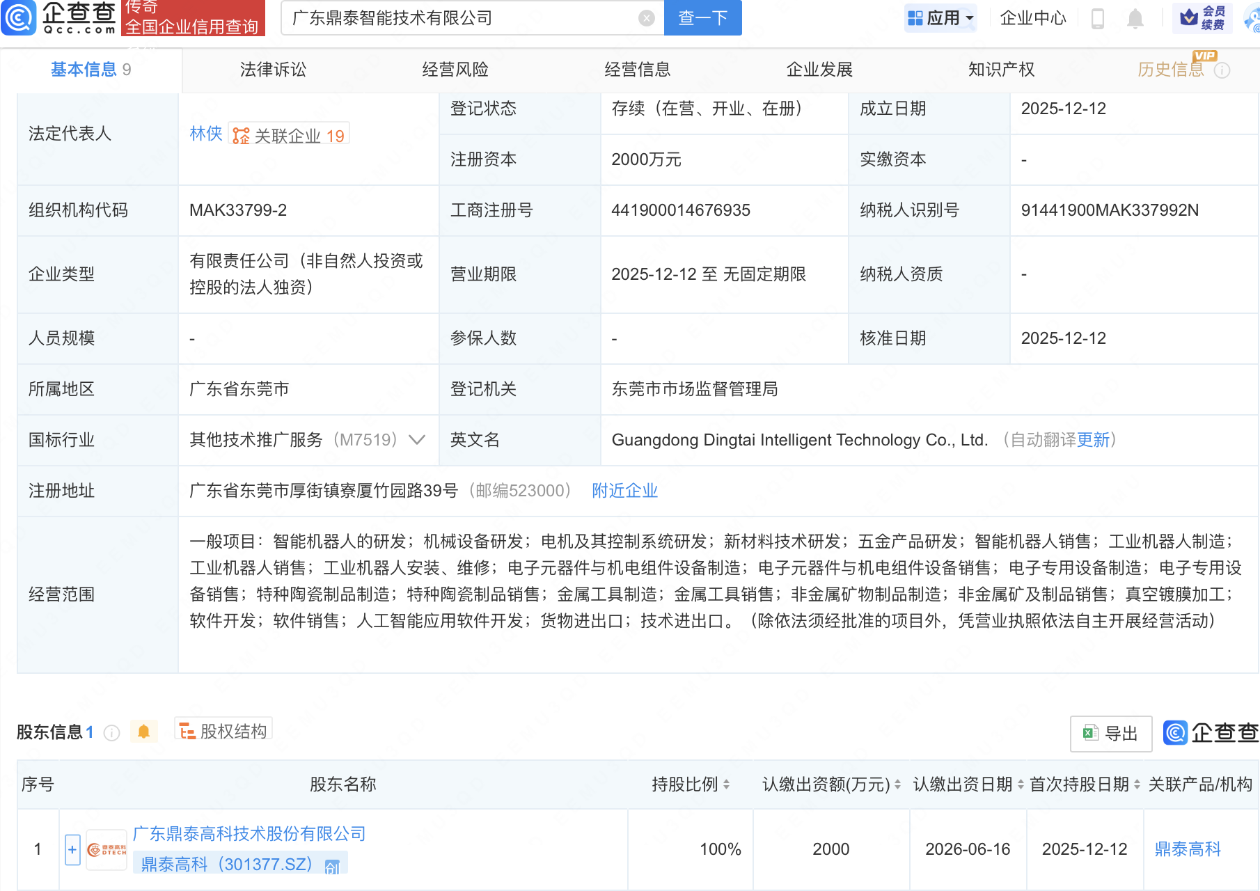 鼎泰高科成立新公司，含AI及机器人业务
