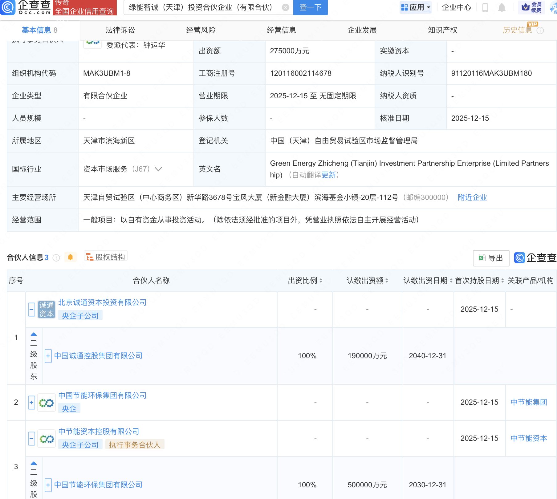 中国诚通、中节能环保集团新设投资合伙企业,出资额27亿