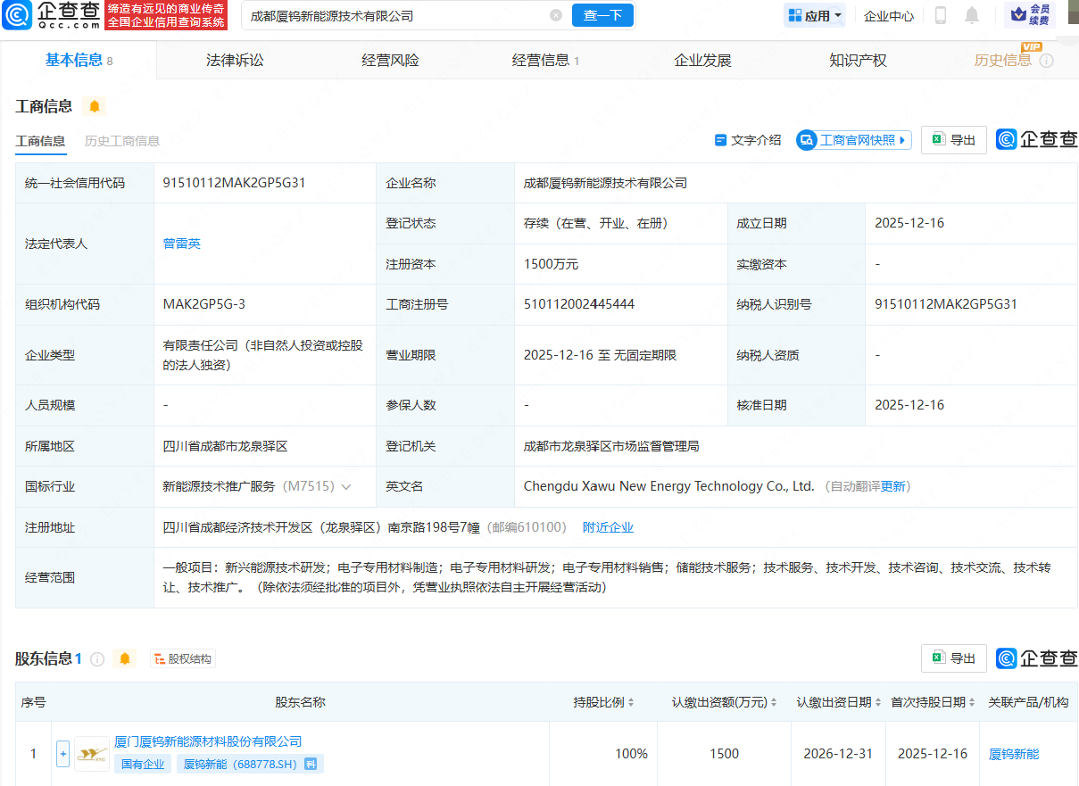 厦钨新能在成都成立新能源技术公司