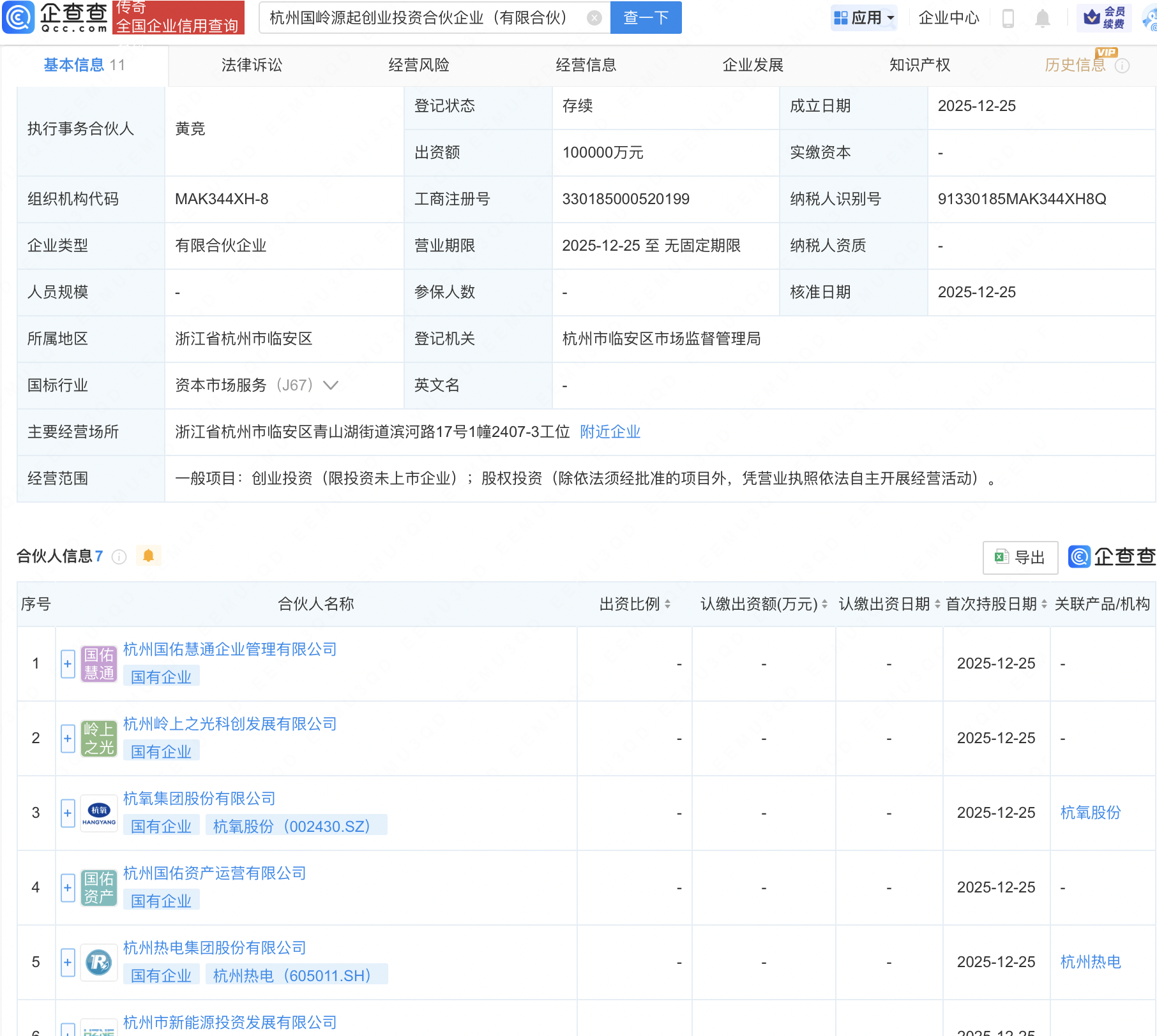 杭氧股份、杭州热电等新设创投合伙企业，出资额10亿