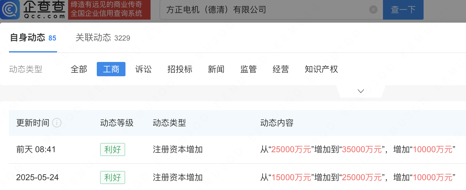 方正电机浙江全资电气机械制造公司增资至3.5亿